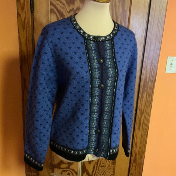 Vintage Blue Nordic Cardigan Oversized Fair Isle Sweater Cozy Cottagecore - Picture 8 of 10